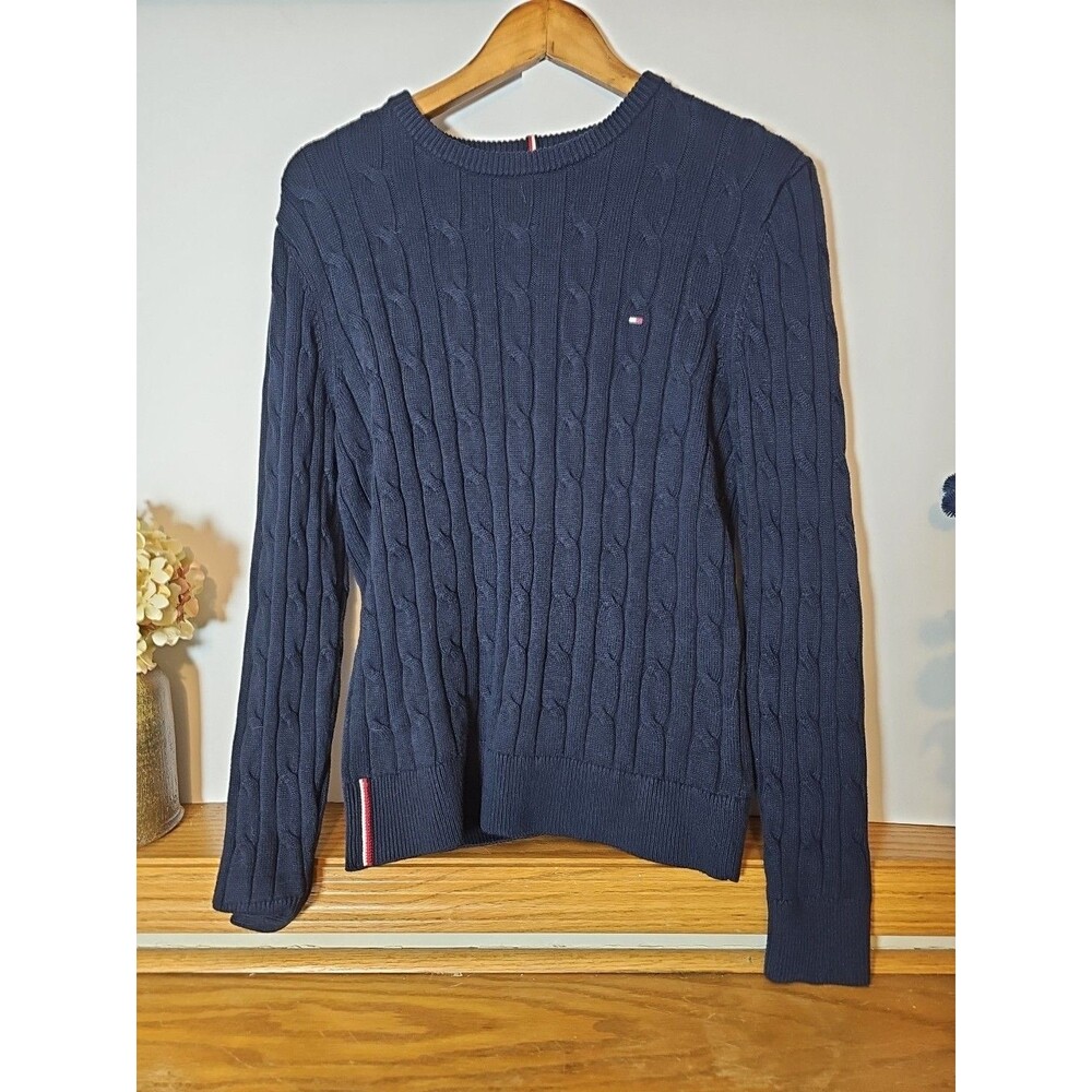 Tommy Hilfiger Womens S Blue Cable Knit Essential Pullover Sweater